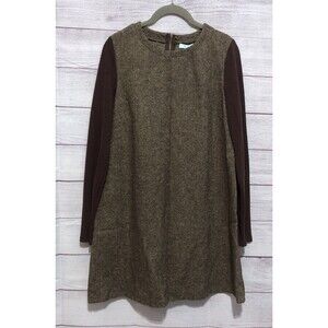 She + Sky Brown/Tan Cotton Poly Tweed Dress W/ Contrasting Long Sleeves S EUC